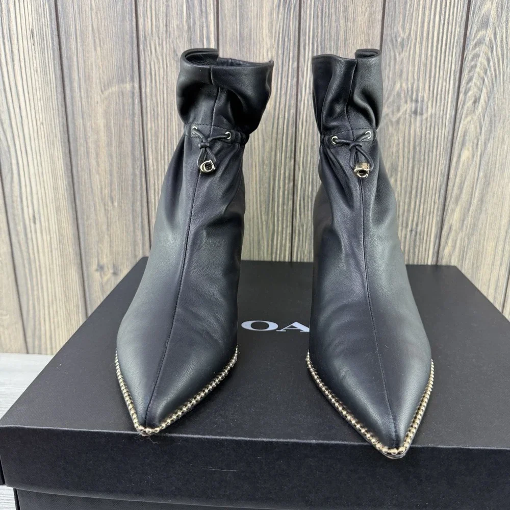 Coach Wynie Bootie C6762 Black Leather Pointed Toe Drawstring Boots Women's 9 B
